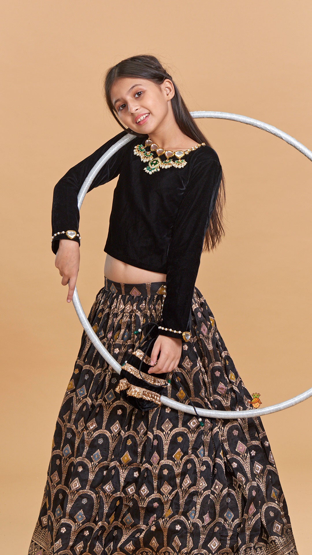 Pre Order: Gorgeous Studded Black Velvet Top With Brocade Embroidered Lehenga And Shimmery Dupatta With Potli Bag