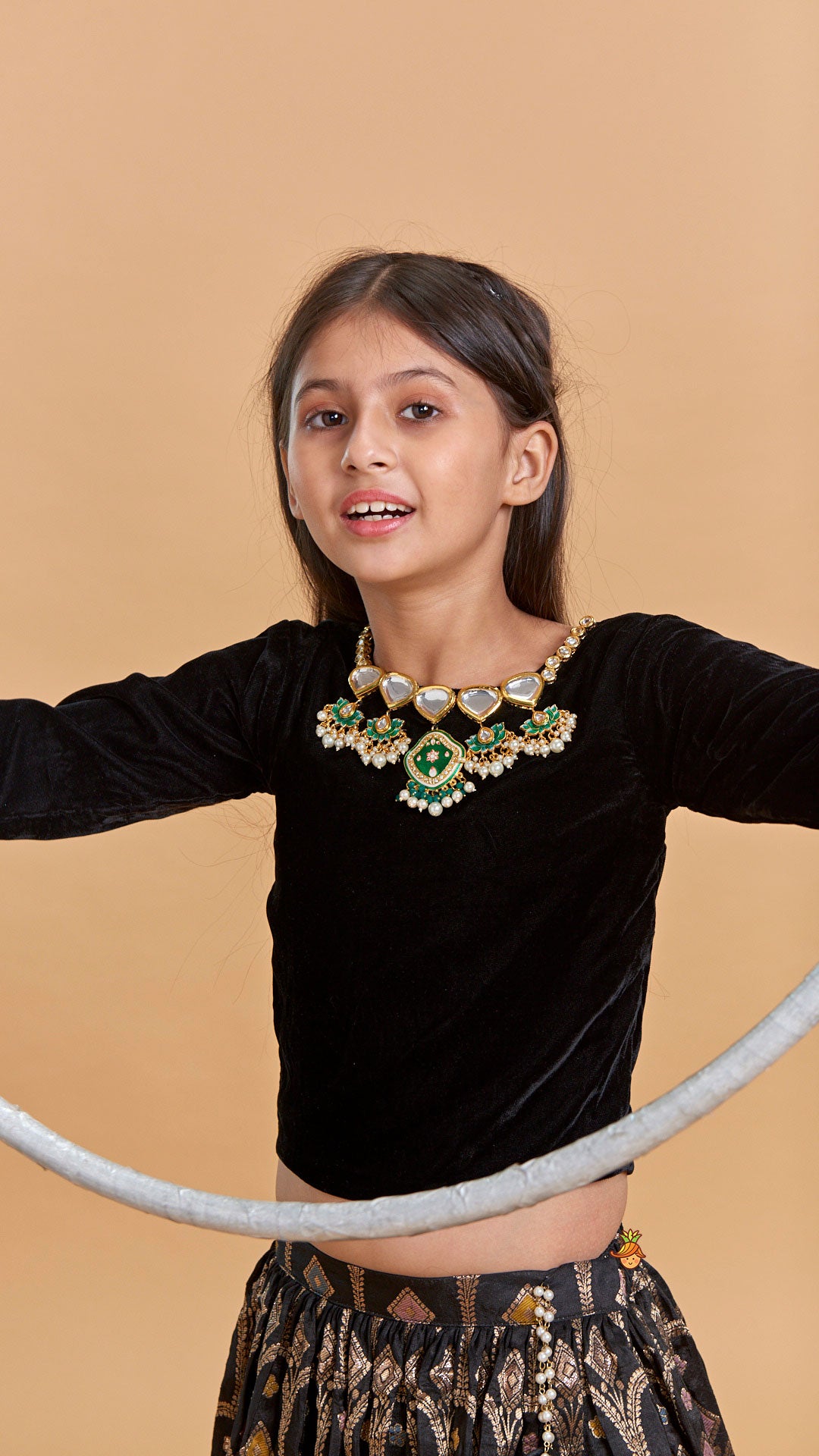 Pre Order: Gorgeous Studded Black Velvet Top With Brocade Embroidered Lehenga And Shimmery Dupatta With Potli Bag