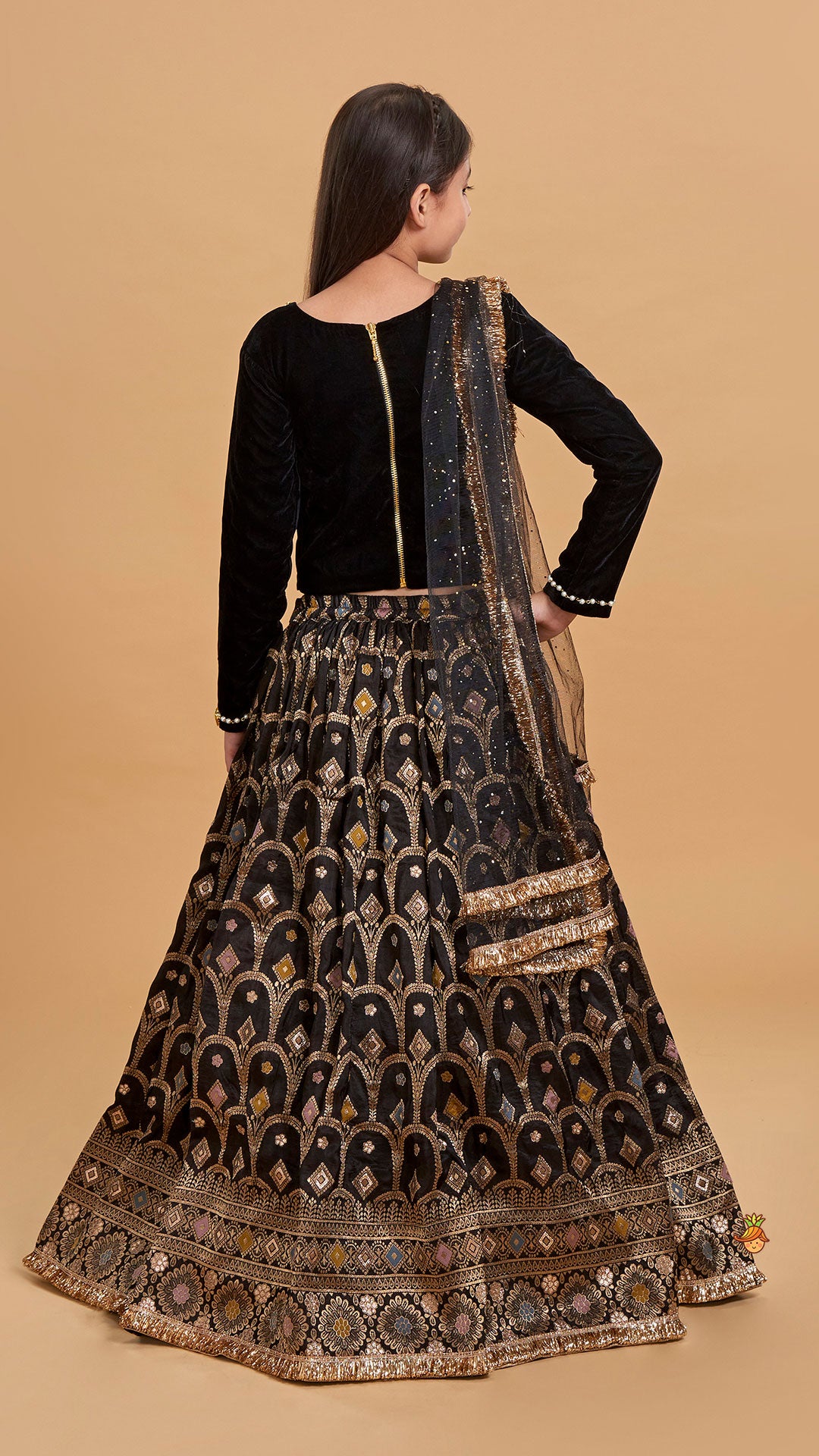 Pre Order: Gorgeous Studded Black Velvet Top With Brocade Embroidered Lehenga And Shimmery Dupatta With Potli Bag