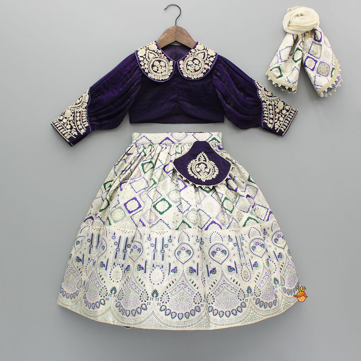 Pre Order: Purple Embroidered Top And Lehenga With Pouch And Dupatta