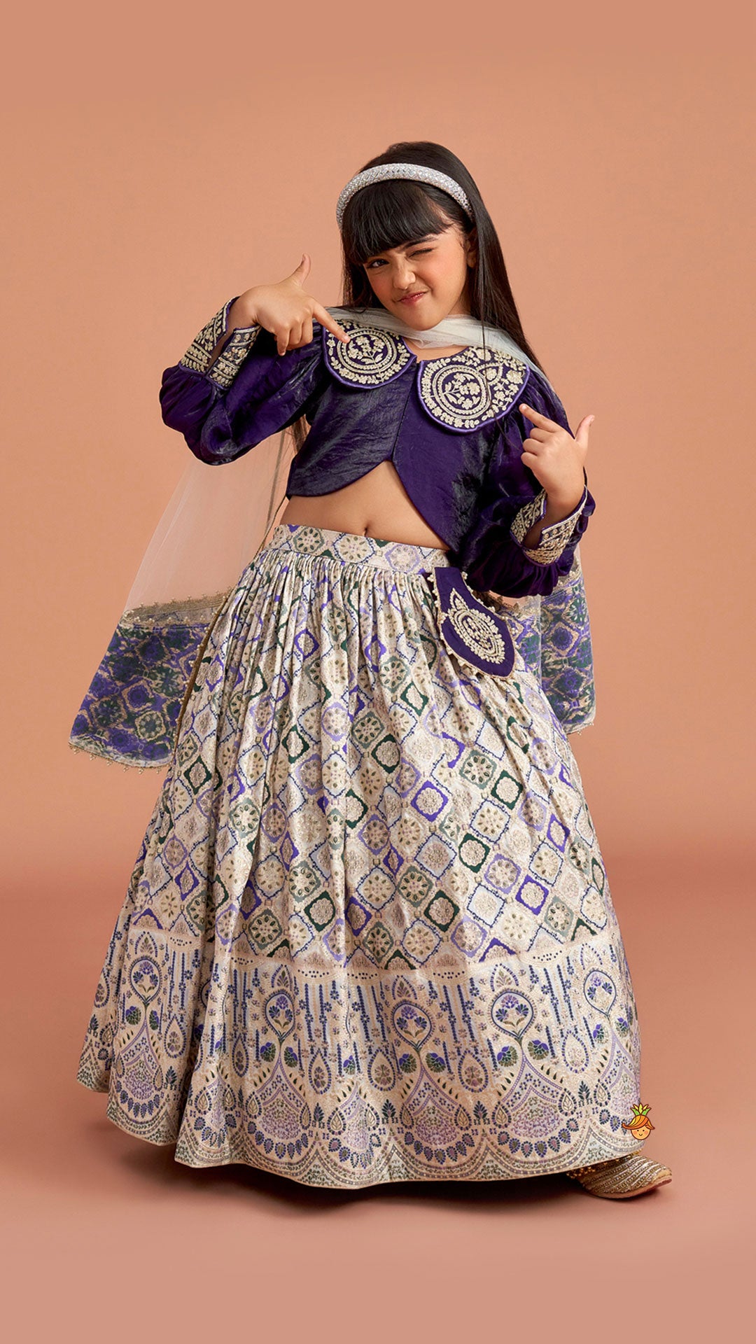 Pre Order: Purple Embroidered Top And Lehenga With Pouch And Dupatta