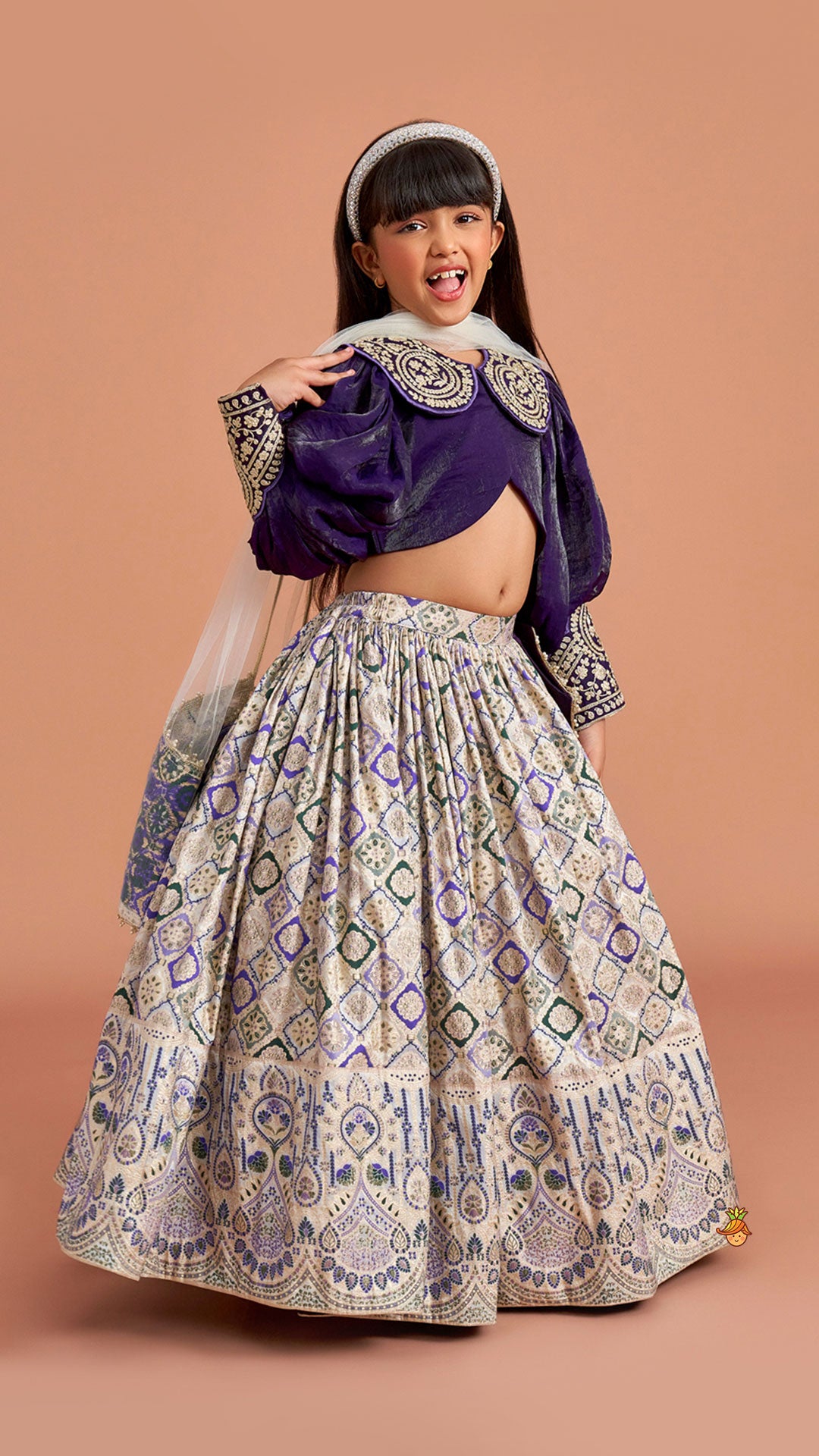 Pre Order: Purple Embroidered Top And Lehenga With Pouch And Dupatta
