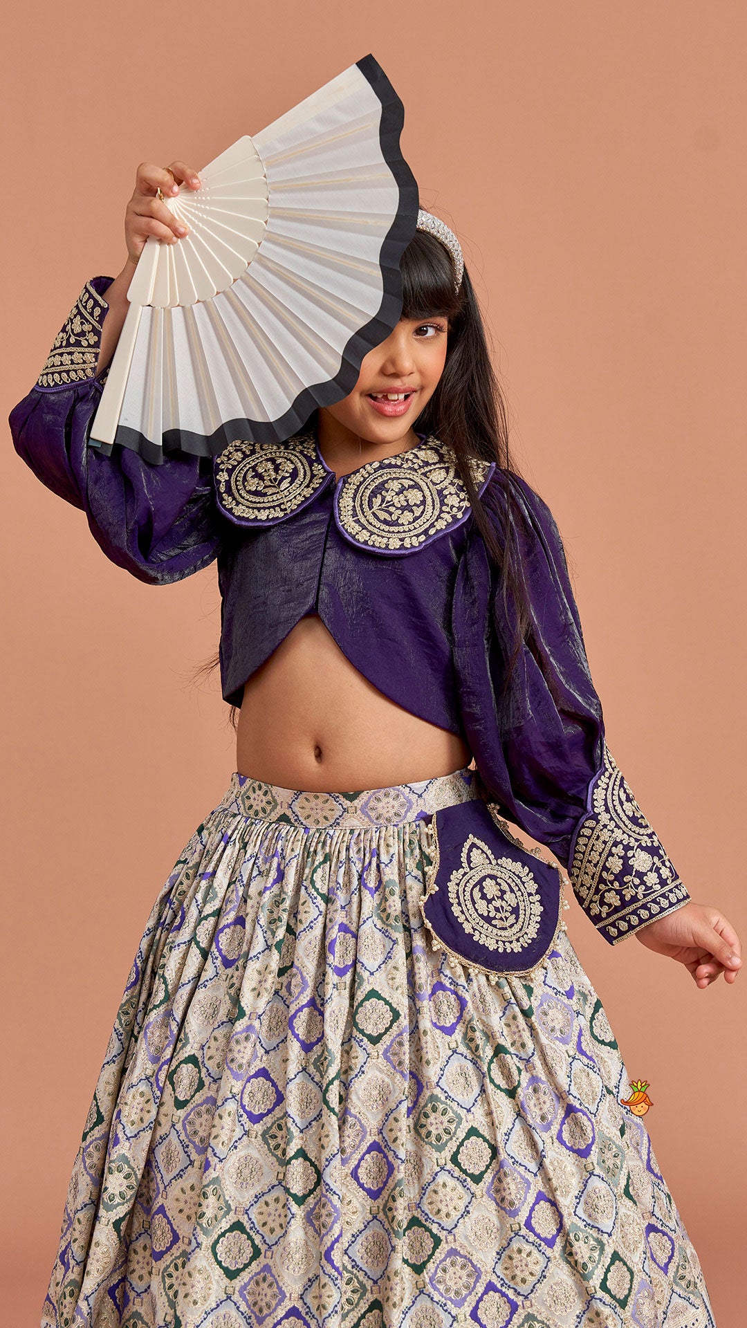 Pre Order: Purple Embroidered Top And Lehenga With Pouch And Dupatta