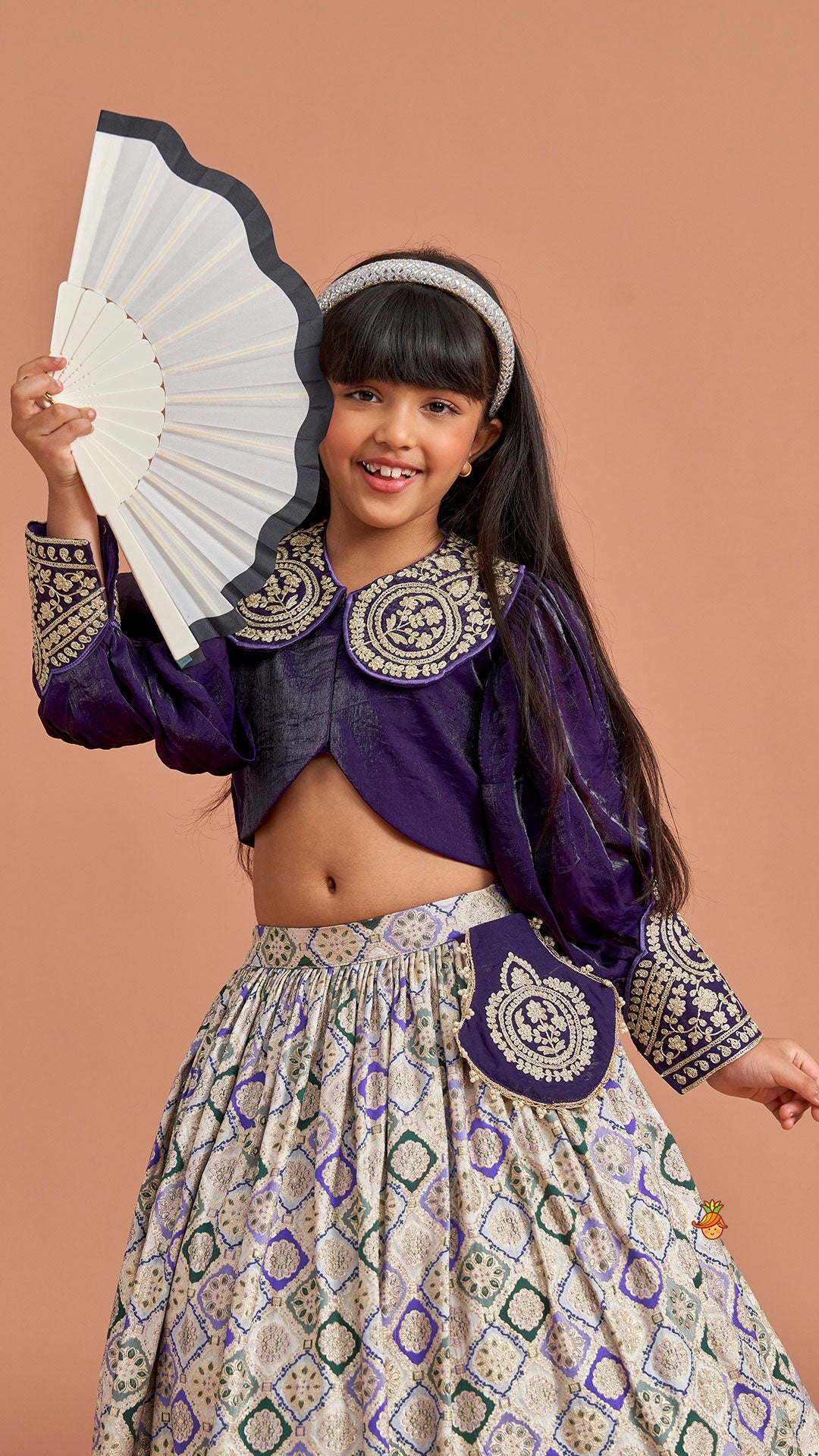 Pre Order: Purple Embroidered Top And Lehenga With Pouch And Dupatta