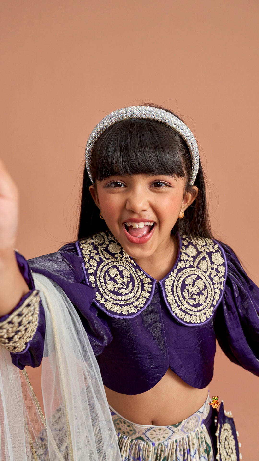 Pre Order: Purple Embroidered Top And Lehenga With Pouch And Dupatta
