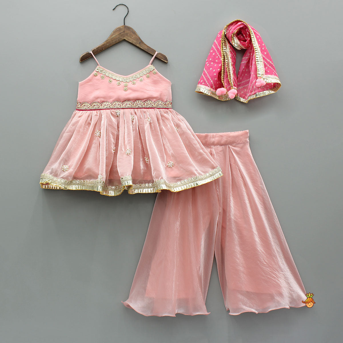 Pre Order: Pink Embroidered Strappy Top And Palazzo With Bandhani Print Dupatta