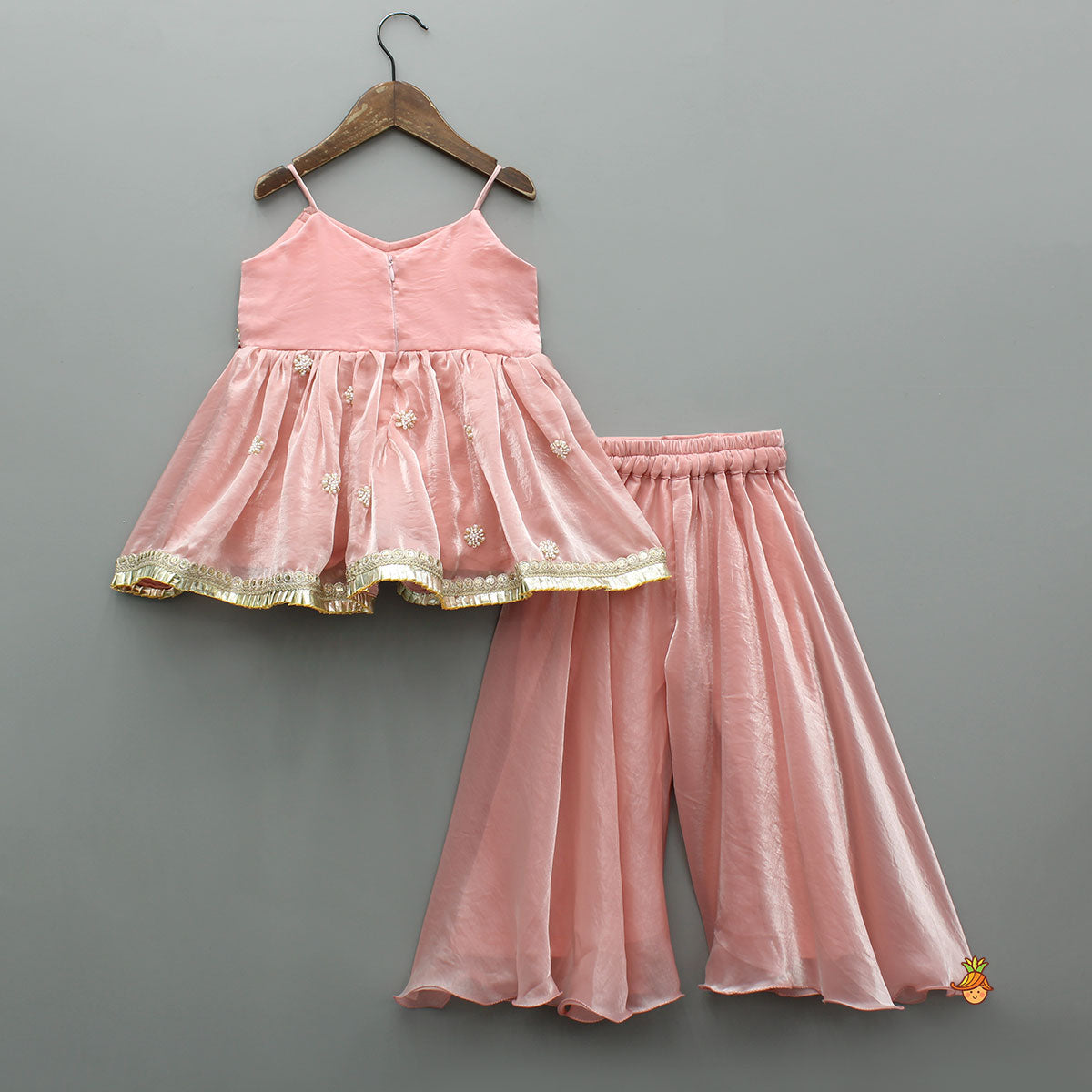 Pre Order: Pink Embroidered Strappy Top And Palazzo With Bandhani Print Dupatta