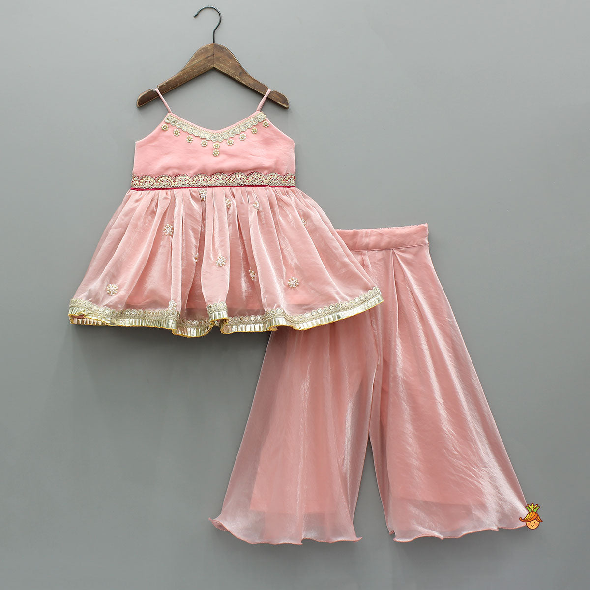 Pre Order: Pink Embroidered Strappy Top And Palazzo With Bandhani Print Dupatta