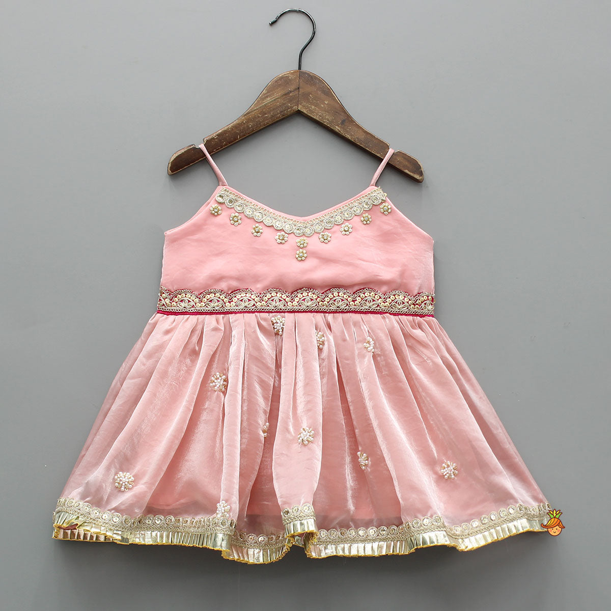 Pre Order: Pink Embroidered Strappy Top And Palazzo With Bandhani Print Dupatta