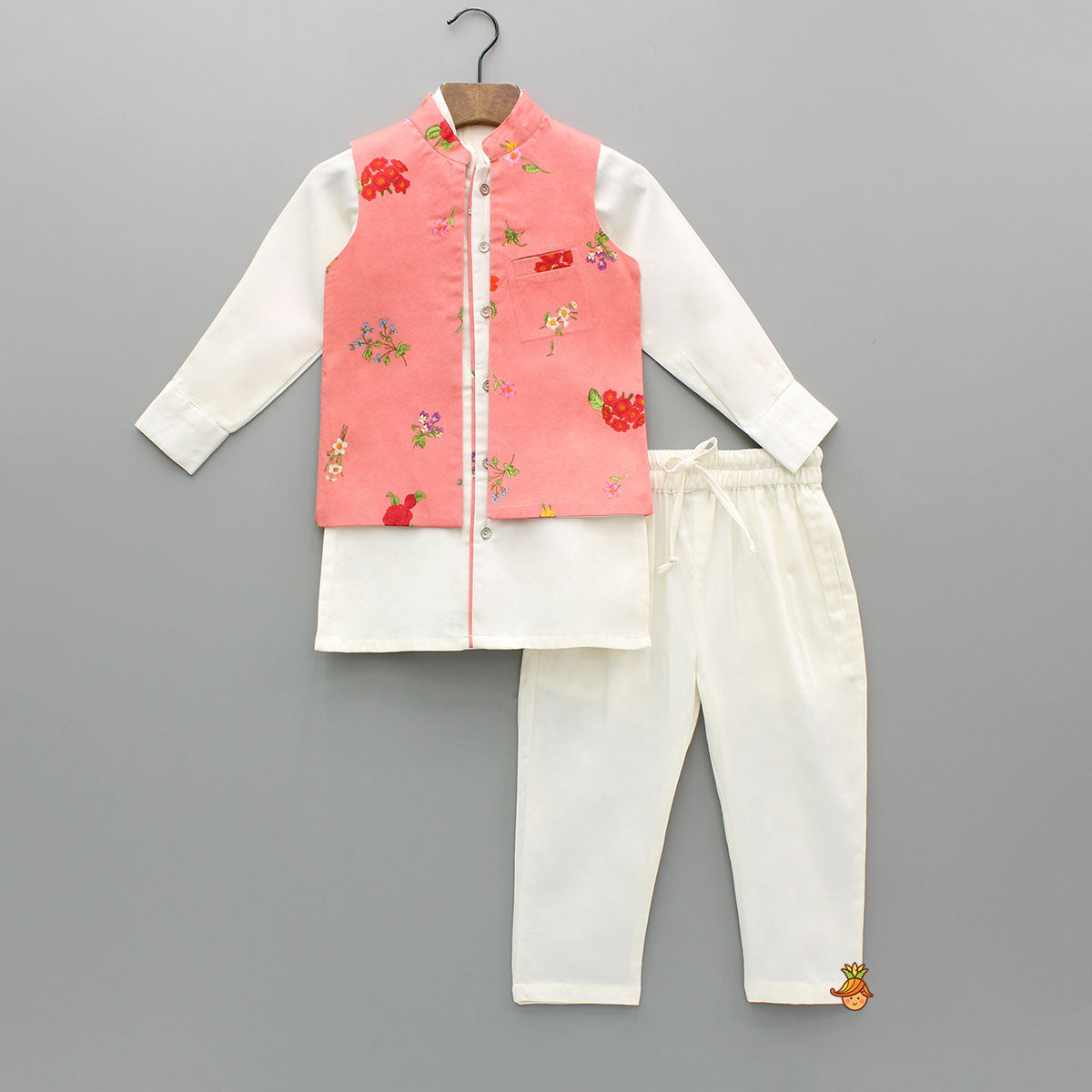 Pre Order: Off White Kurta With Floral Printed Jacket And Pyjama
