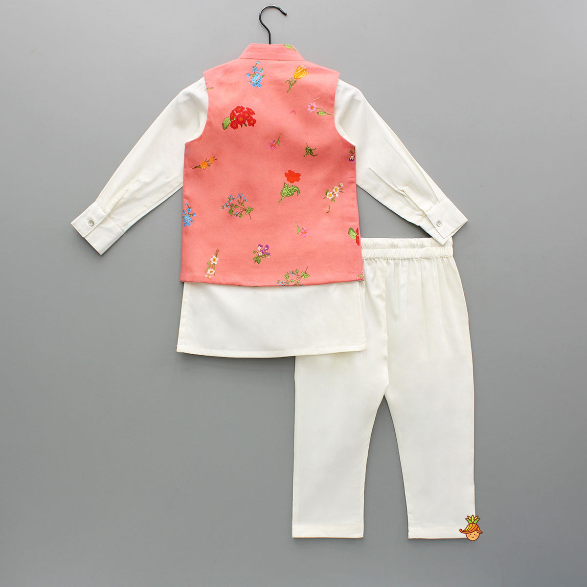 Pre Order: Off White Kurta With Floral Printed Jacket And Pyjama