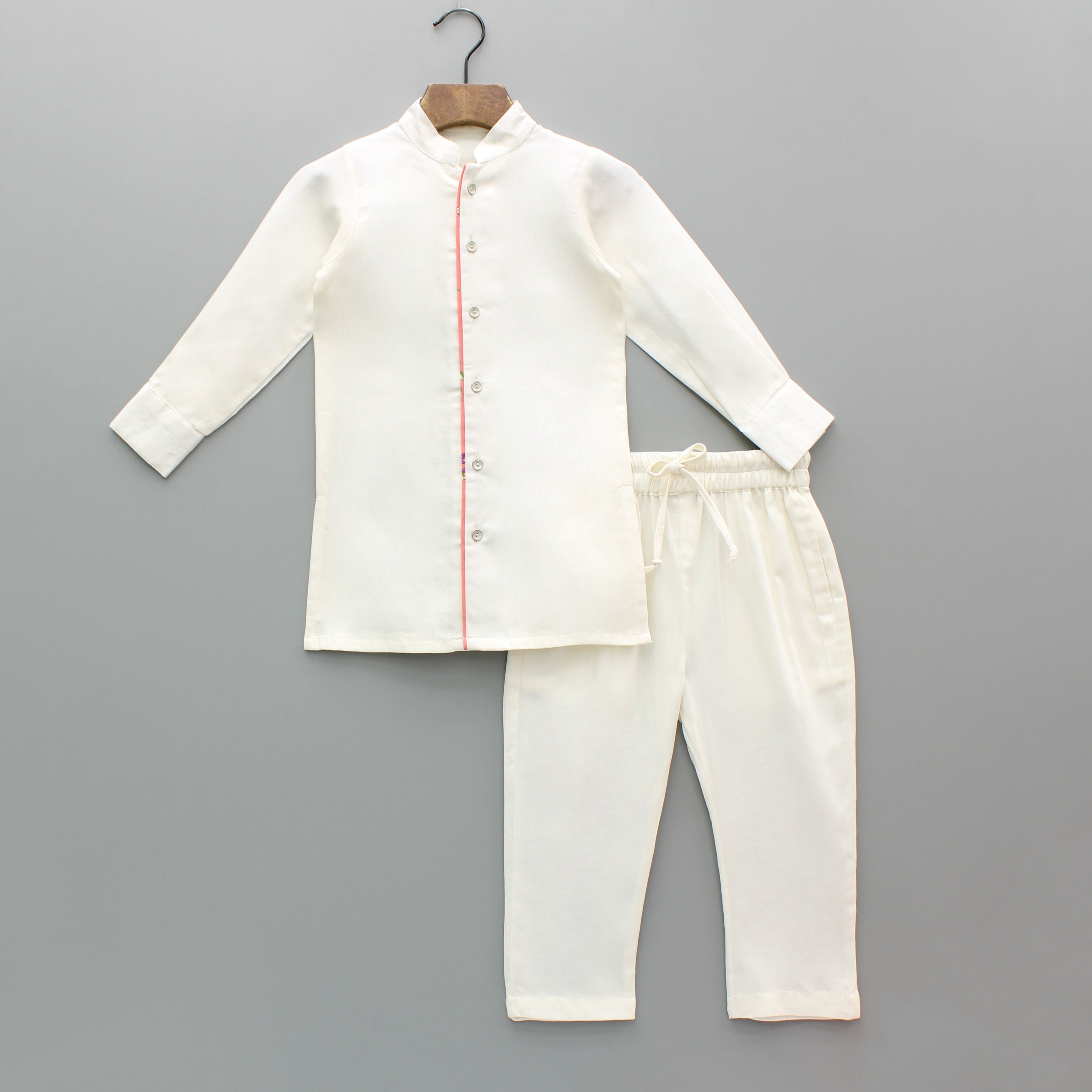 Pre Order: Off White Kurta With Floral Printed Jacket And Pyjama