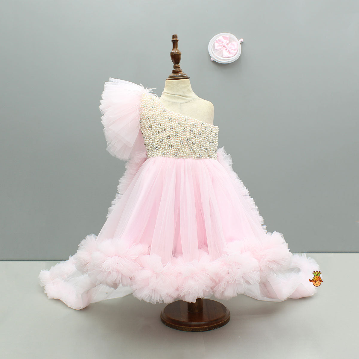 Pre Order: Pink One Shoulder Embellished Dress With Detachable Trial And Bow With Matching Swirled Bowie Headband