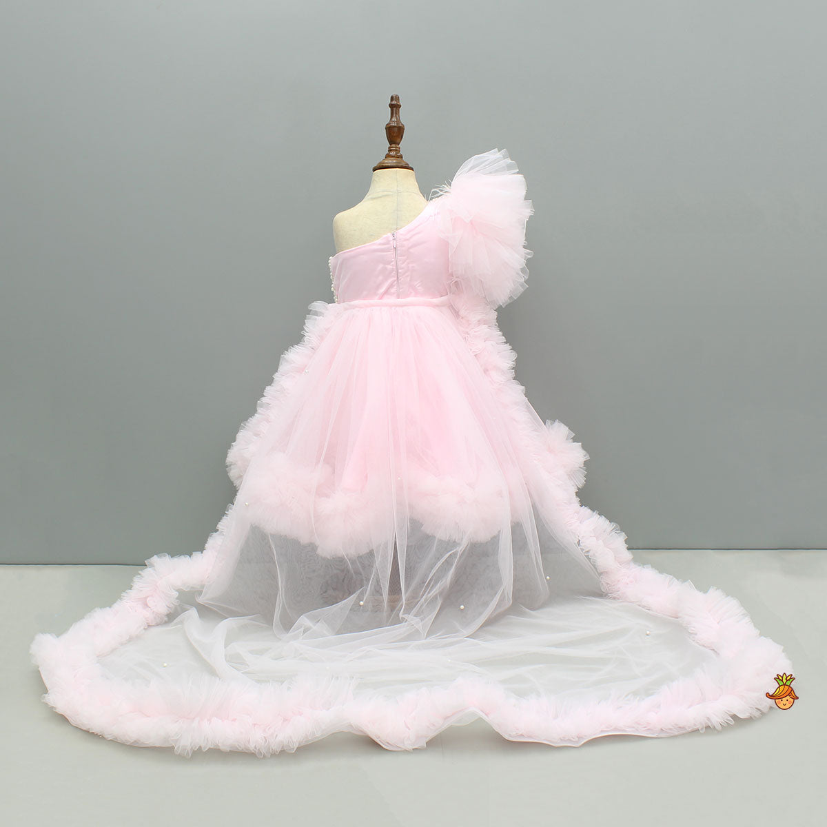 Pre Order: Pink One Shoulder Embellished Dress With Detachable Trial And Bow With Matching Swirled Bowie Headband