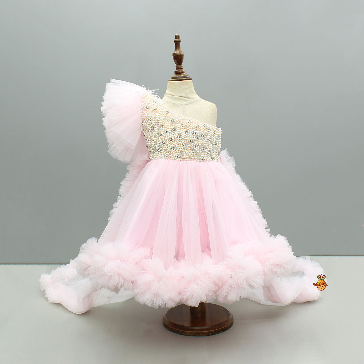 Pre Order: Pink One Shoulder Embellished Dress With Detachable Trial And Bow With Matching Swirled Bowie Headband