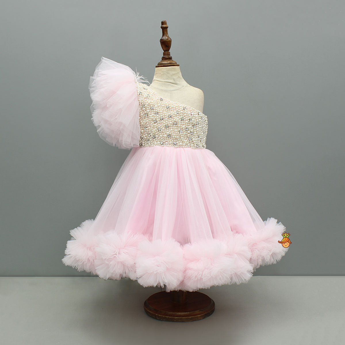 Pre Order: Pink One Shoulder Embellished Dress With Detachable Trial And Bow With Matching Swirled Bowie Headband