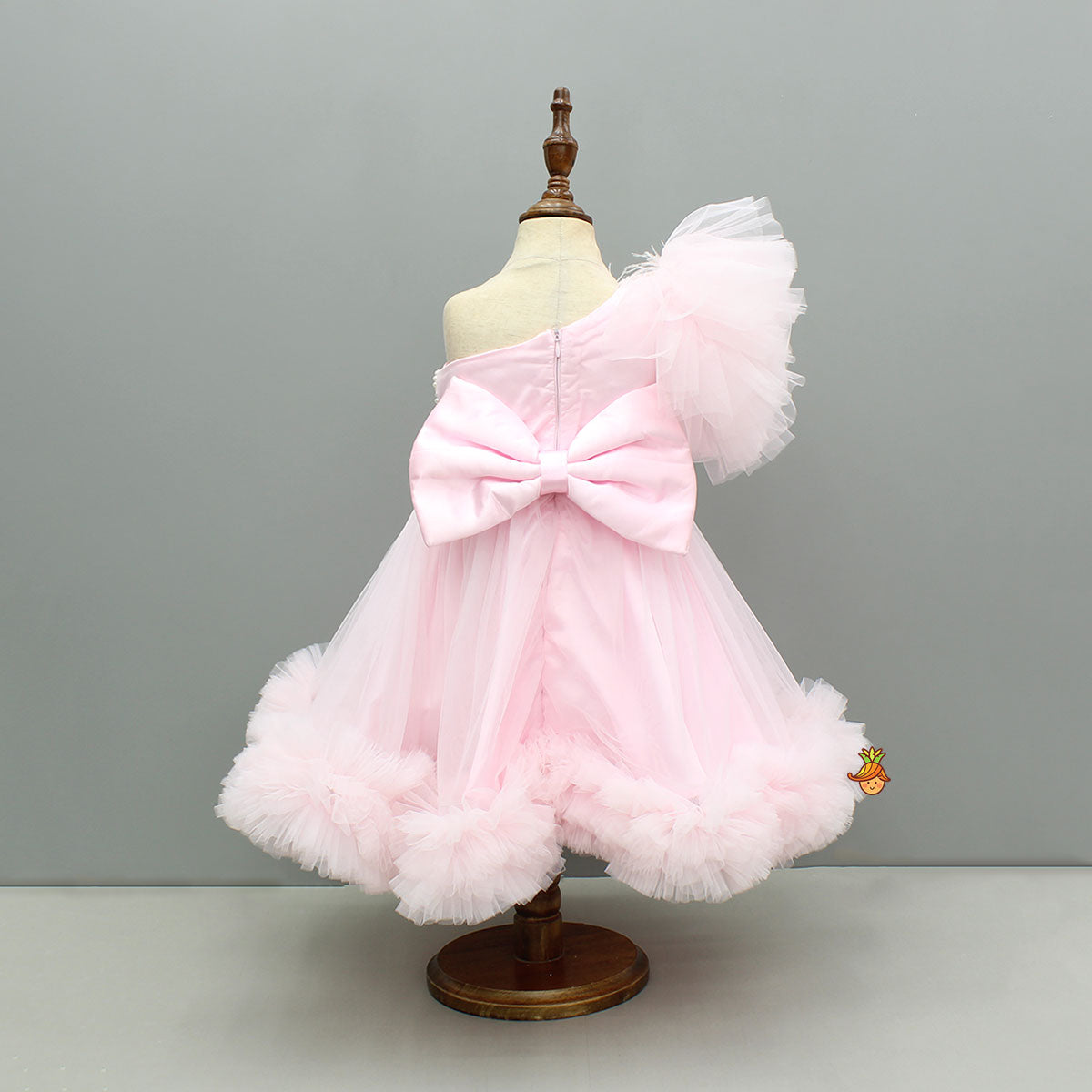 Pre Order: Pink One Shoulder Embellished Dress With Detachable Trial And Bow With Matching Swirled Bowie Headband