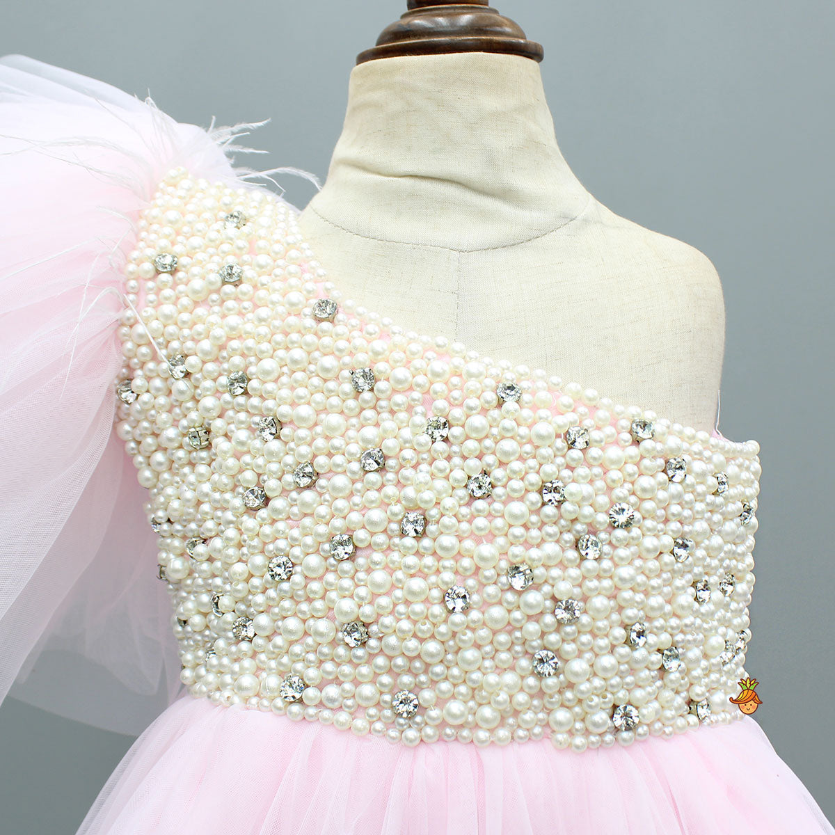 Pre Order: Pink One Shoulder Embellished Dress With Detachable Trial And Bow With Matching Swirled Bowie Headband