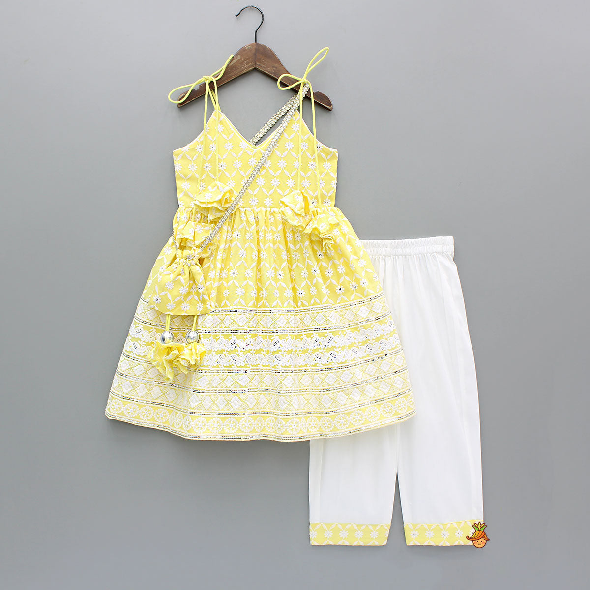 Strappy V Neck Embroidered Yellow Kurti And Pant With Sling Bag