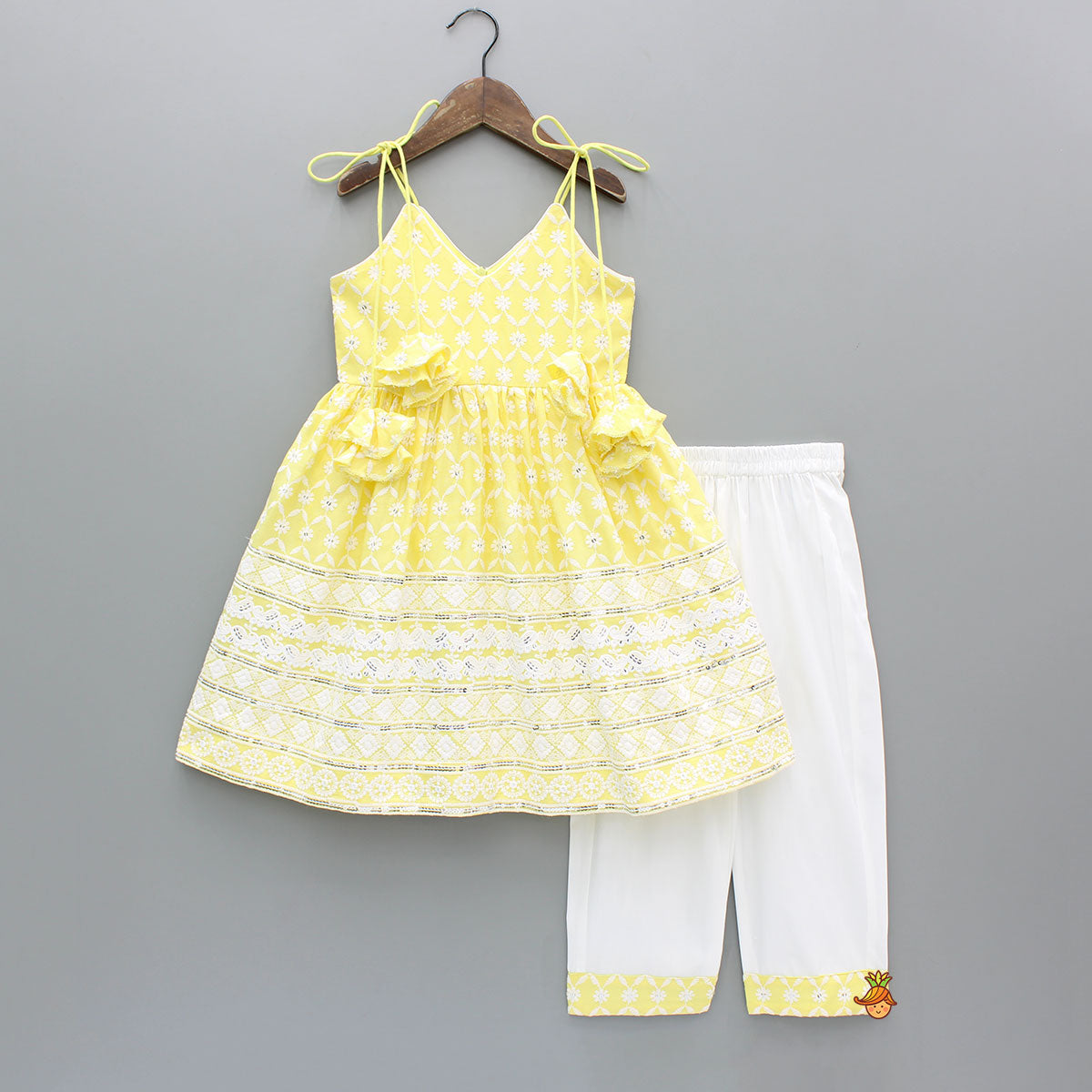 Strappy V Neck Embroidered Yellow Kurti And Pant With Sling Bag