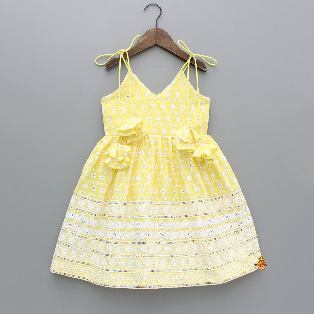 Strappy V Neck Embroidered Yellow Kurti And Pant With Sling Bag