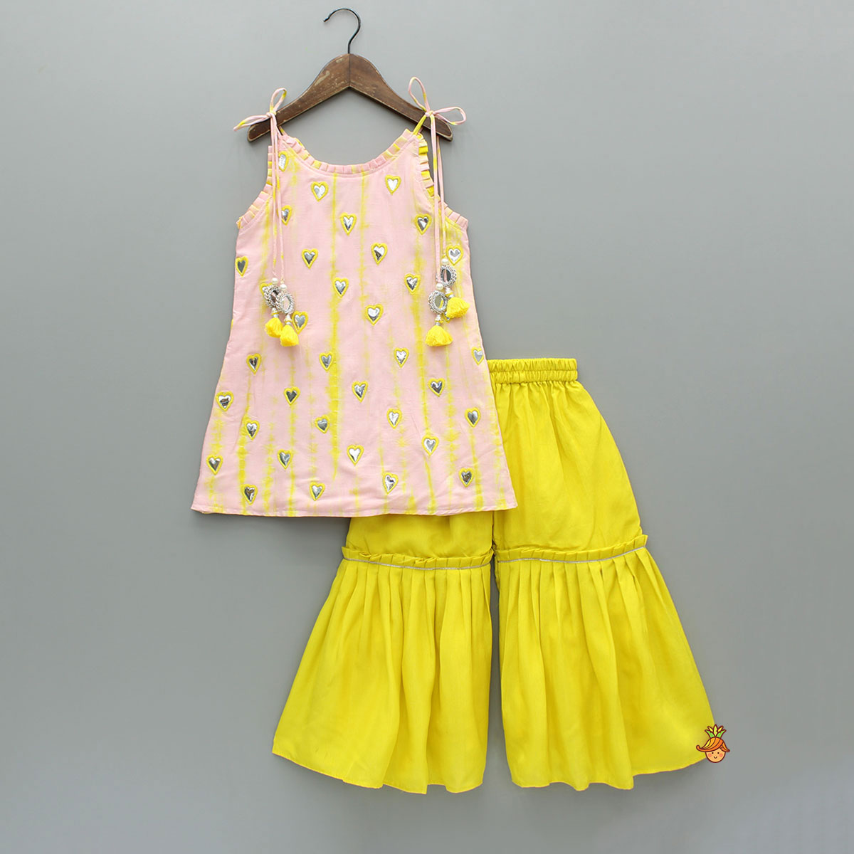 Pre Order: Pink Shibori Printed Tie Up Straps Kurti And Sharara