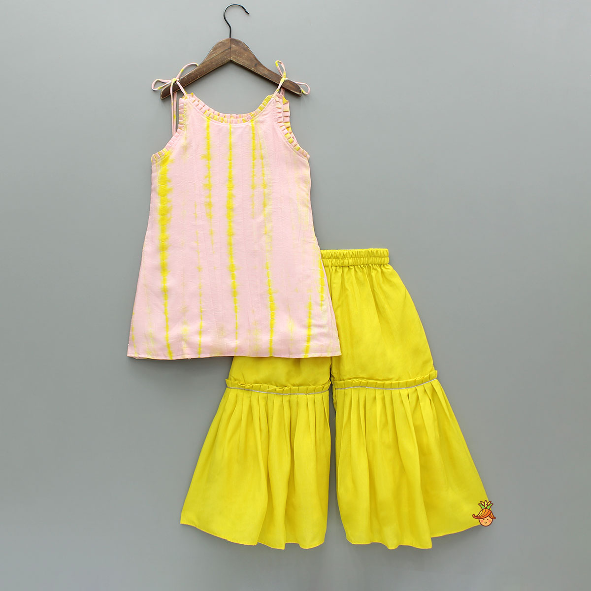 Pre Order: Pink Shibori Printed Tie Up Straps Kurti And Sharara