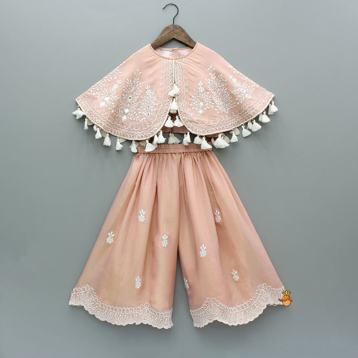 Pre Order: Peach Embroidered And Embellished Cape Attached Top With Flared Palazzo