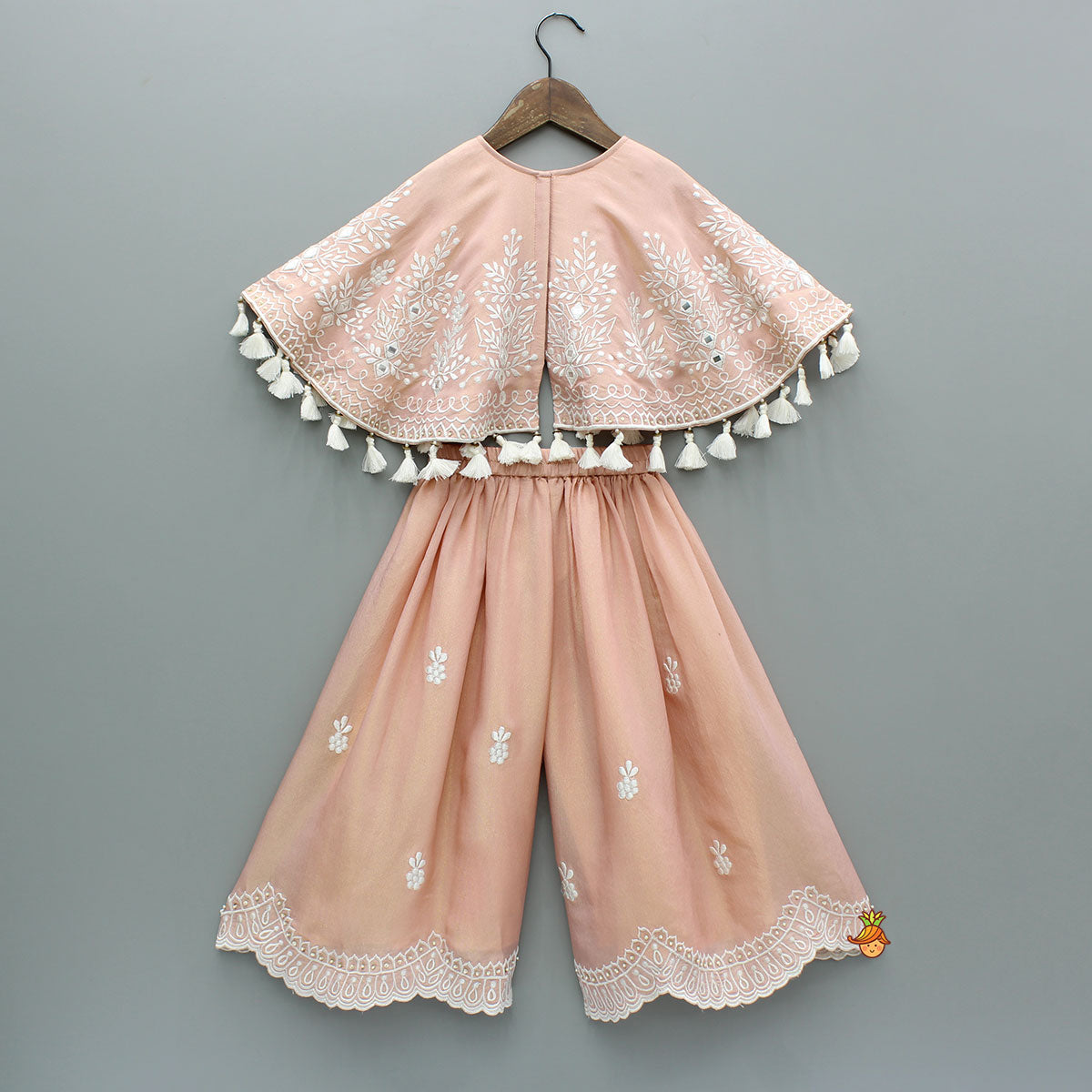 Pre Order: Peach Embroidered And Embellished Cape Attached Top With Flared Palazzo