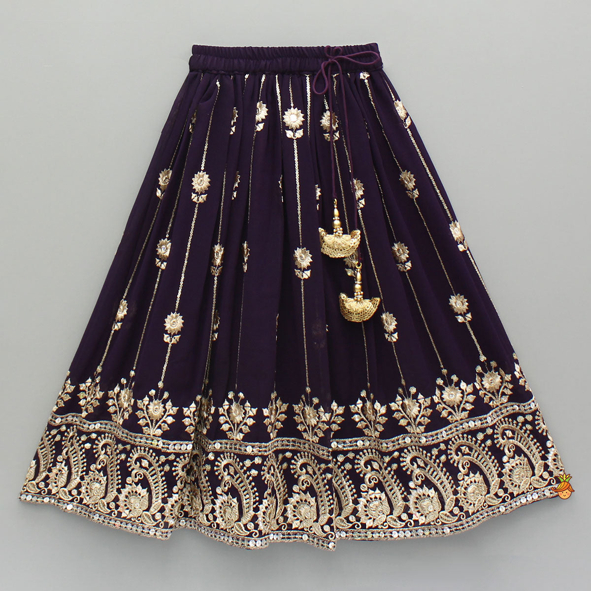 Georgette Zari-Embroidered Wine Top And Lehenga With Matching Dupatta