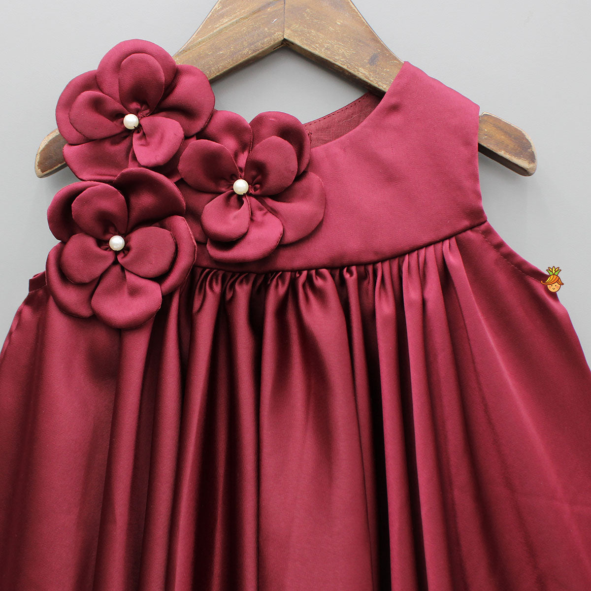 Maroon Flared Dress With Floral Embellishments