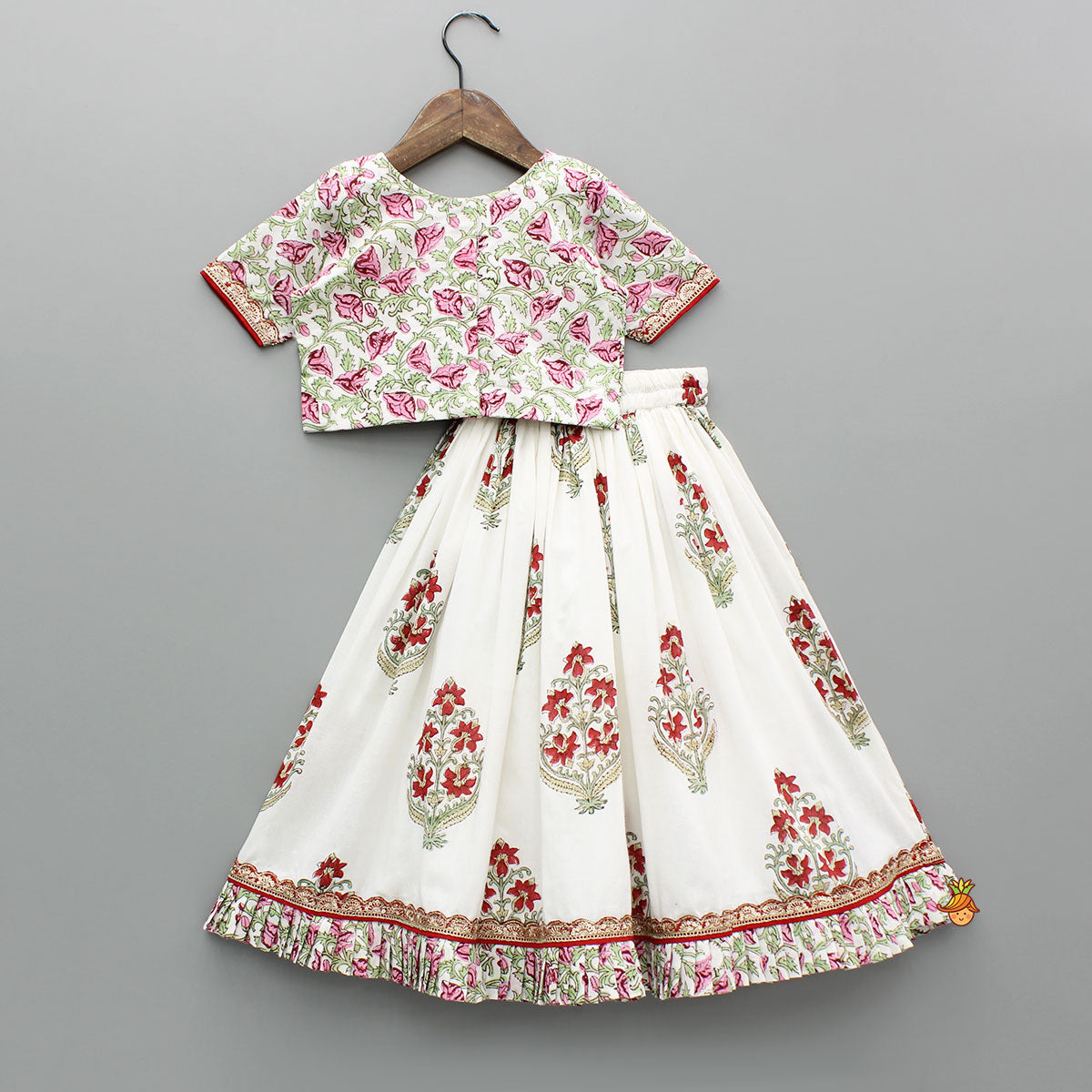 Hand Block Printed Top And Lehenga With Dupatta