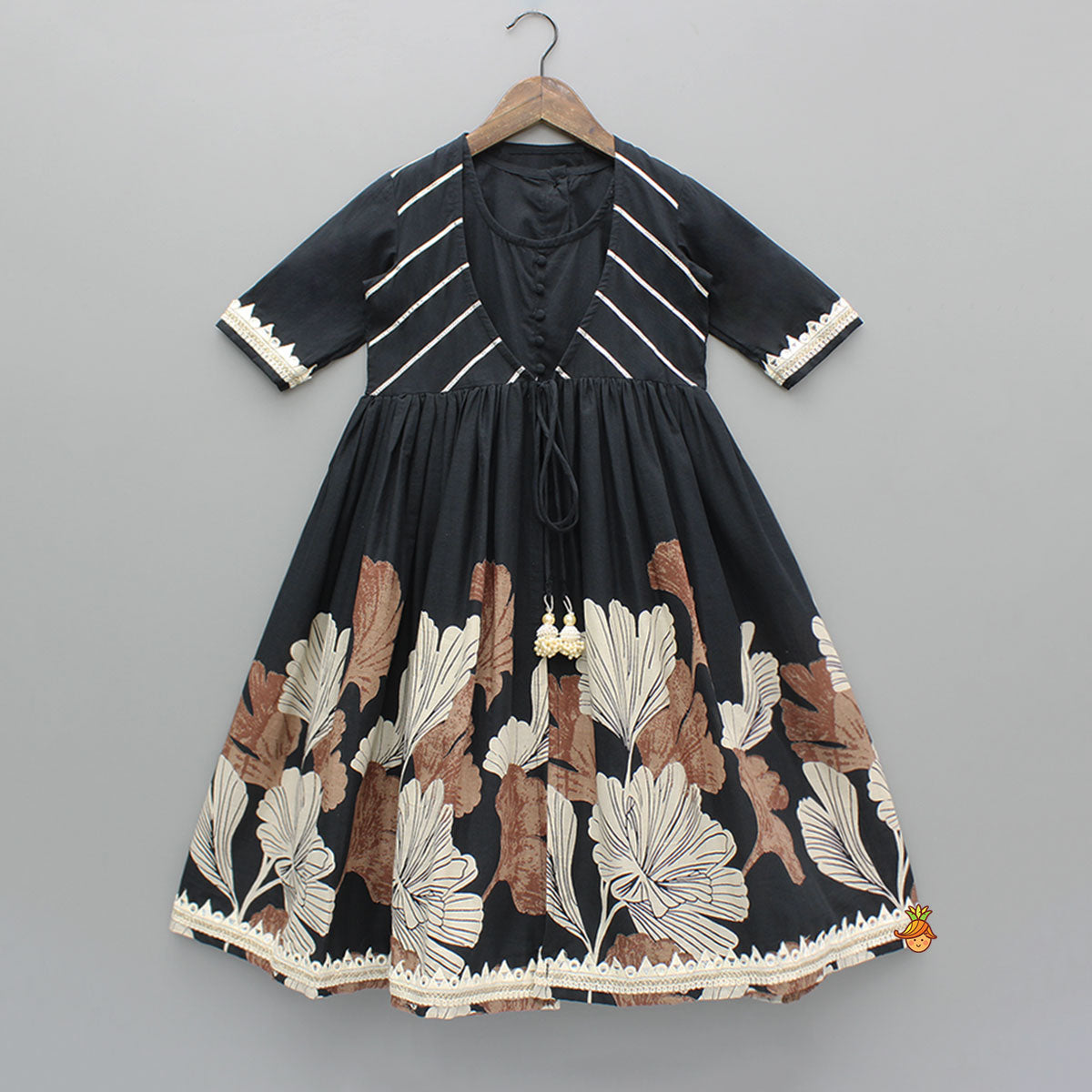 Pre Order: Black Kurti With Printed Gota Lace Detailed Front Open Jacket