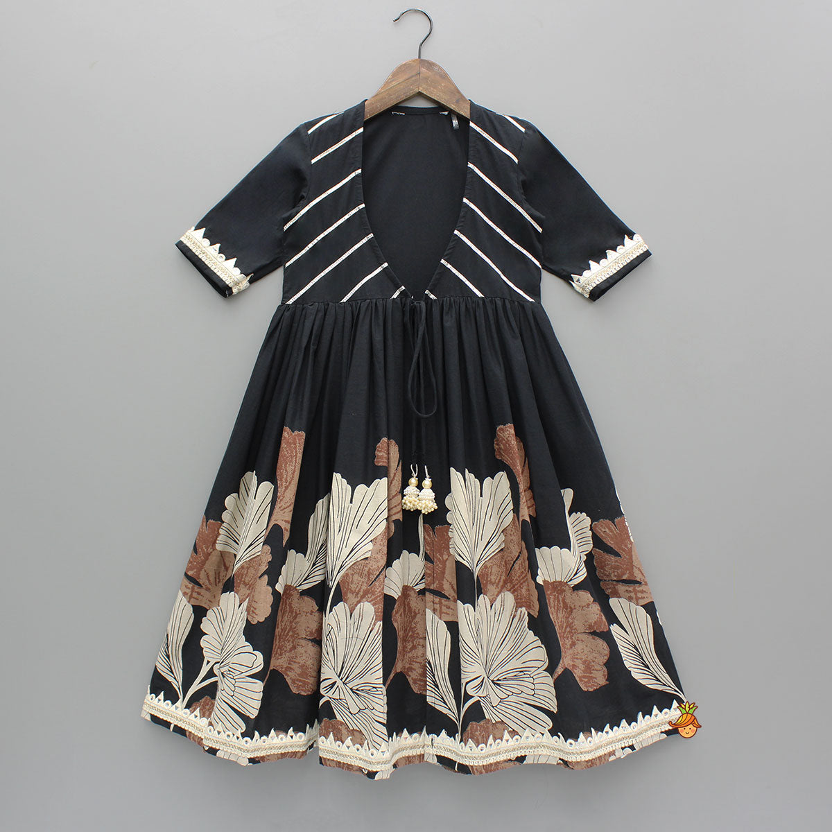Pre Order: Black Kurti With Printed Gota Lace Detailed Front Open Jacket