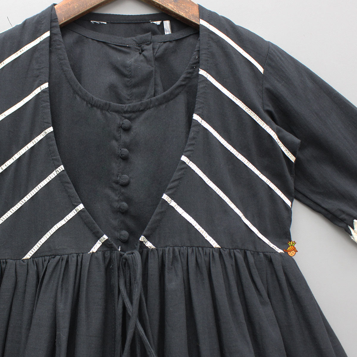 Pre Order: Black Kurti With Printed Gota Lace Detailed Front Open Jacket