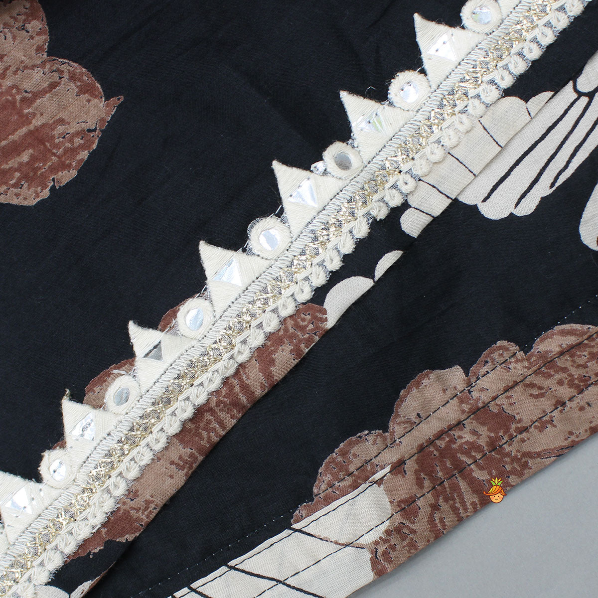 Pre Order: Black Kurti With Printed Gota Lace Detailed Front Open Jacket