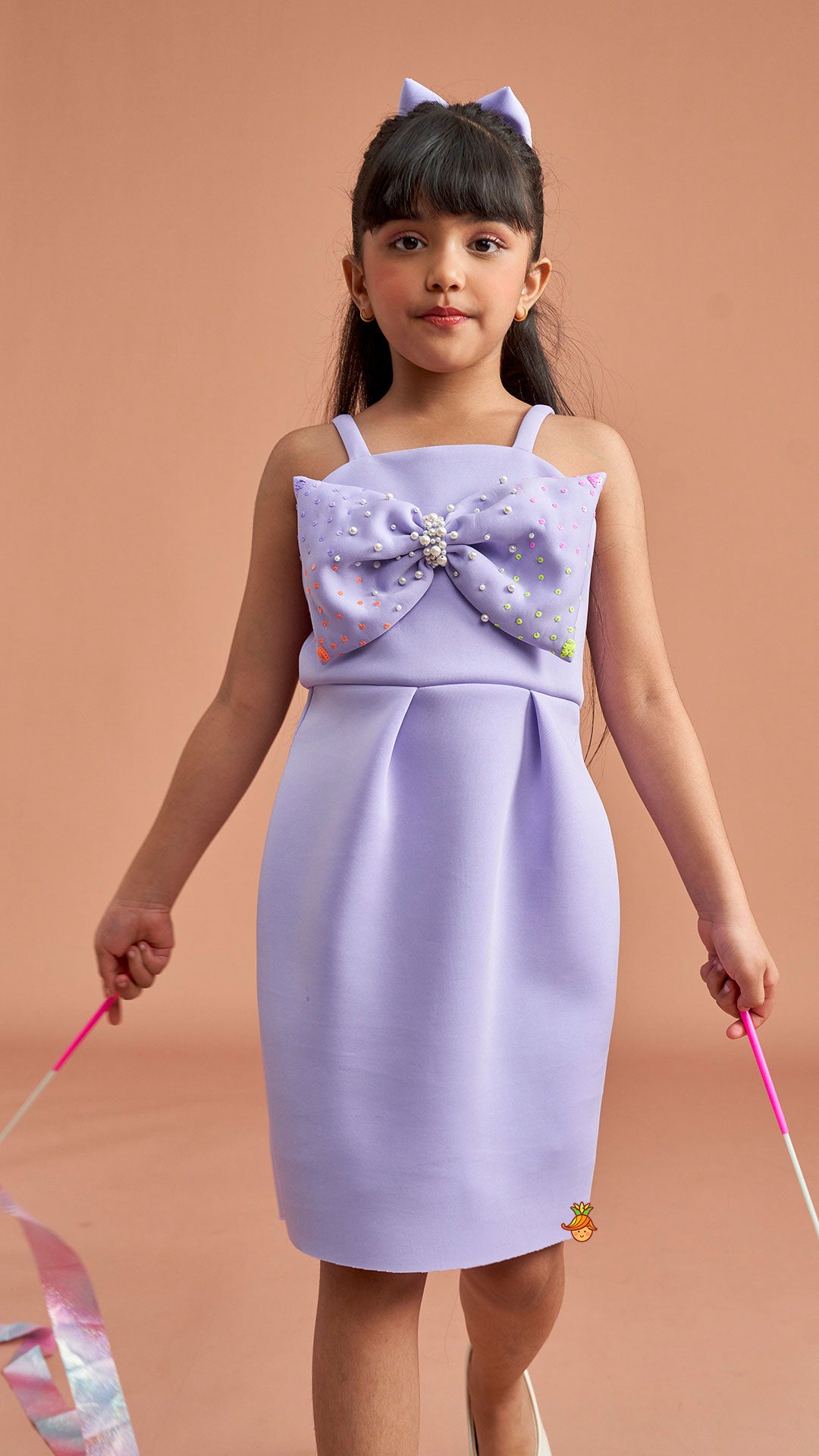 Pre Order: Lavender Bow Embellished Strappy Dress With Matching Bow Hairclip