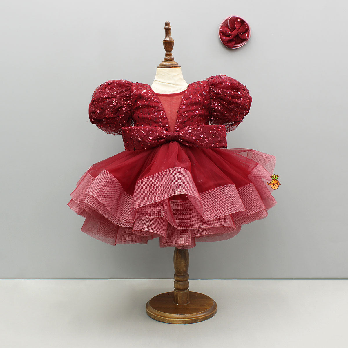 Pre Order: Maroon Sequined Ruffled Dress With Bows And Matching Swirled Bow Hairclip