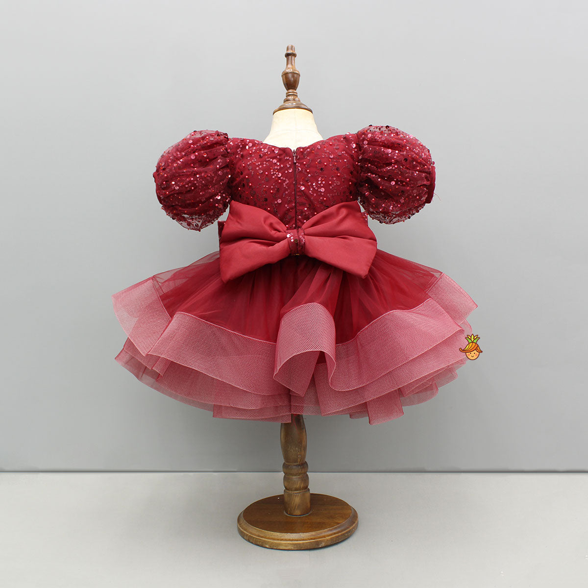 Pre Order: Maroon Sequined Ruffled Dress With Bows And Matching Swirled Bow Hairclip