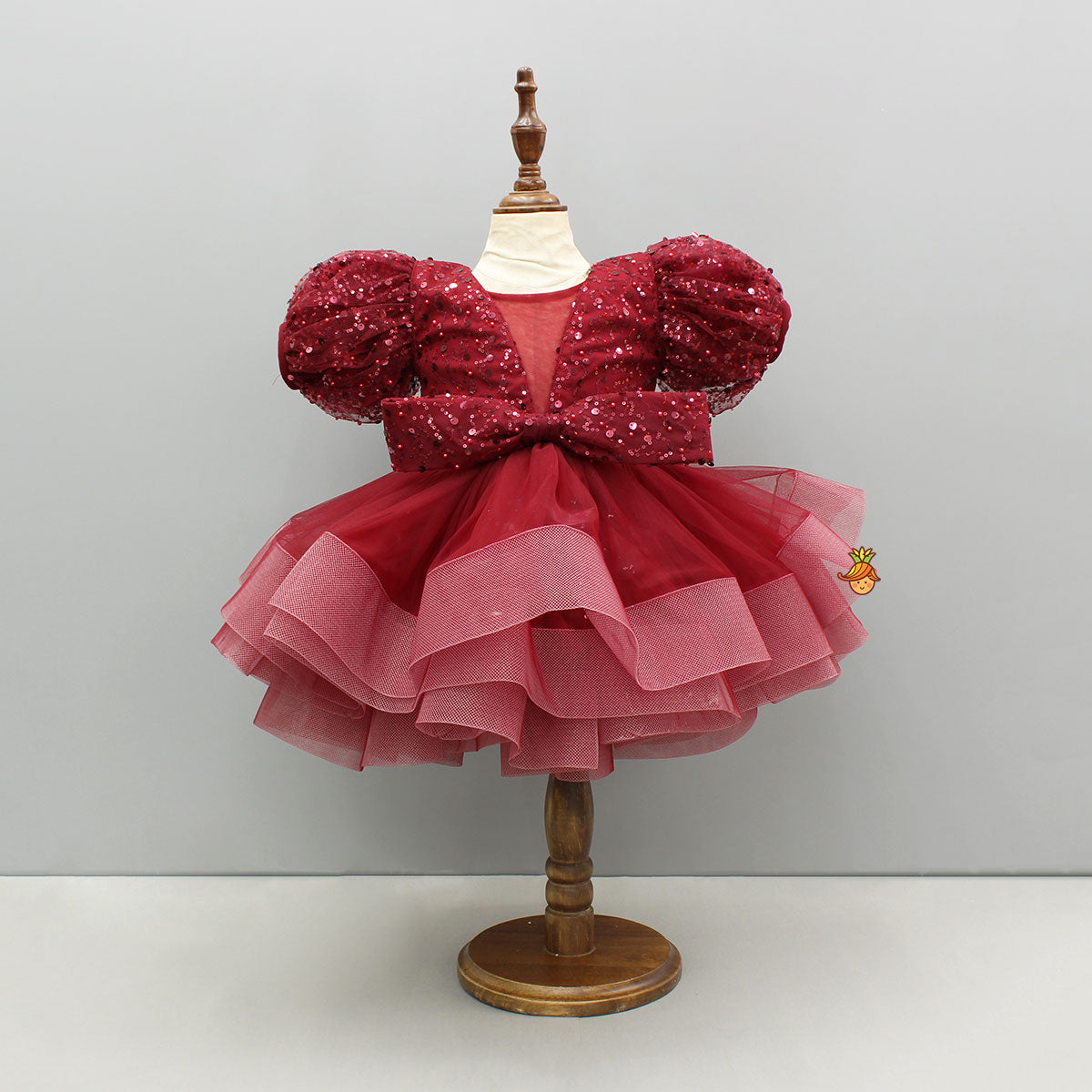 Pre Order: Maroon Sequined Ruffled Dress With Bows And Matching Swirled Bow Hairclip