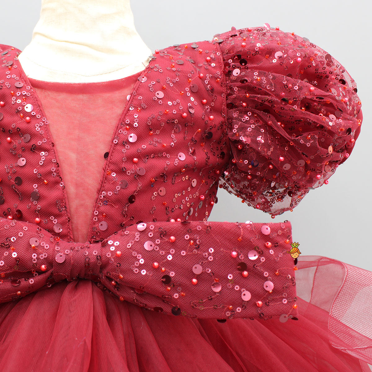 Pre Order: Maroon Sequined Ruffled Dress With Bows And Matching Swirled Bow Hairclip