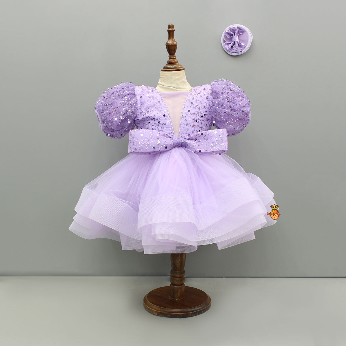 Pre Order: Sequined Ruffled Lavender Dress With Bows And Matching Swirled Bow Hairclip