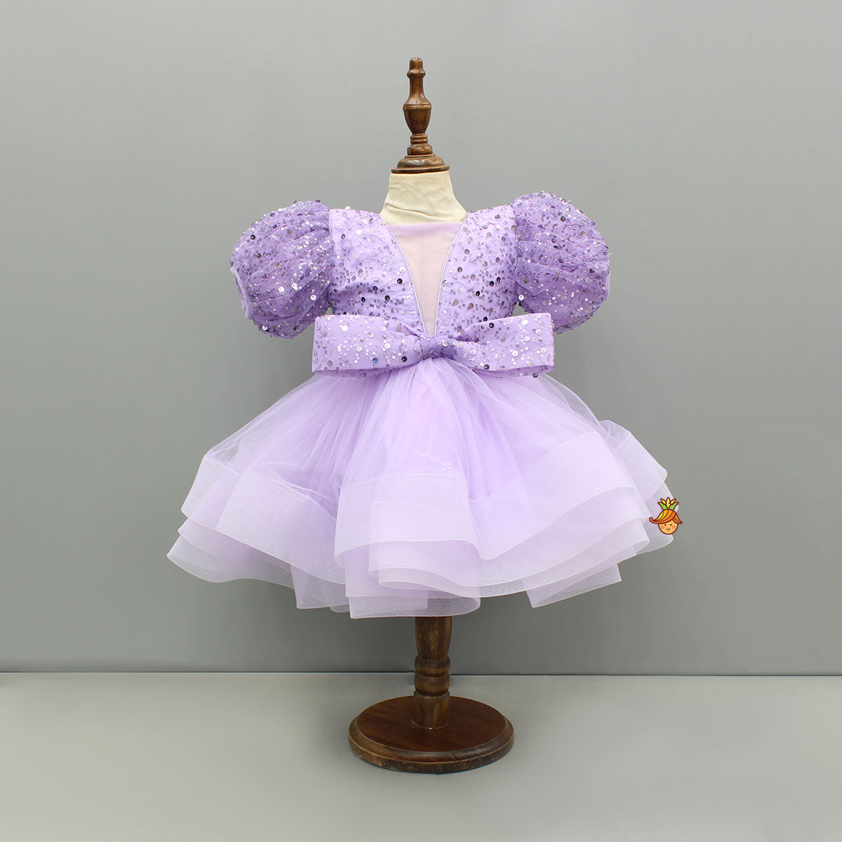 Pre Order: Sequined Ruffled Lavender Dress With Bows And Matching Swirled Bow Hairclip