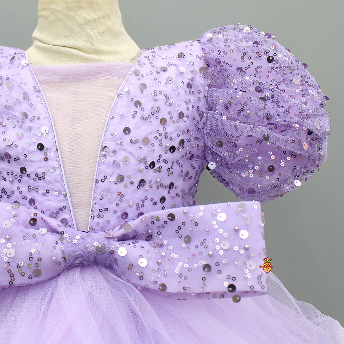 Pre Order: Sequined Ruffled Lavender Dress With Bows And Matching Swirled Bow Hairclip