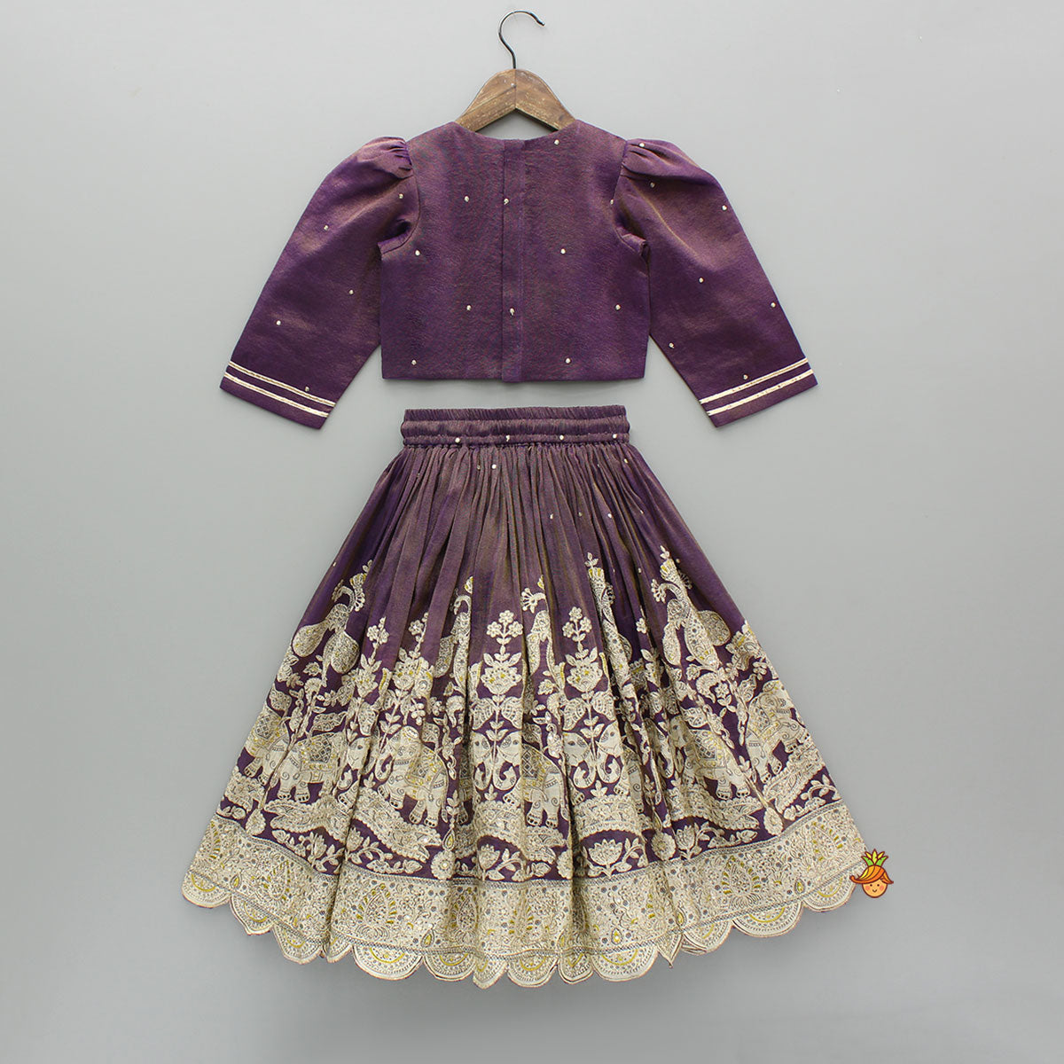 Pre Order: Purple Yoke-Embroidered Shimmery Top And Lehenga With Dupatta