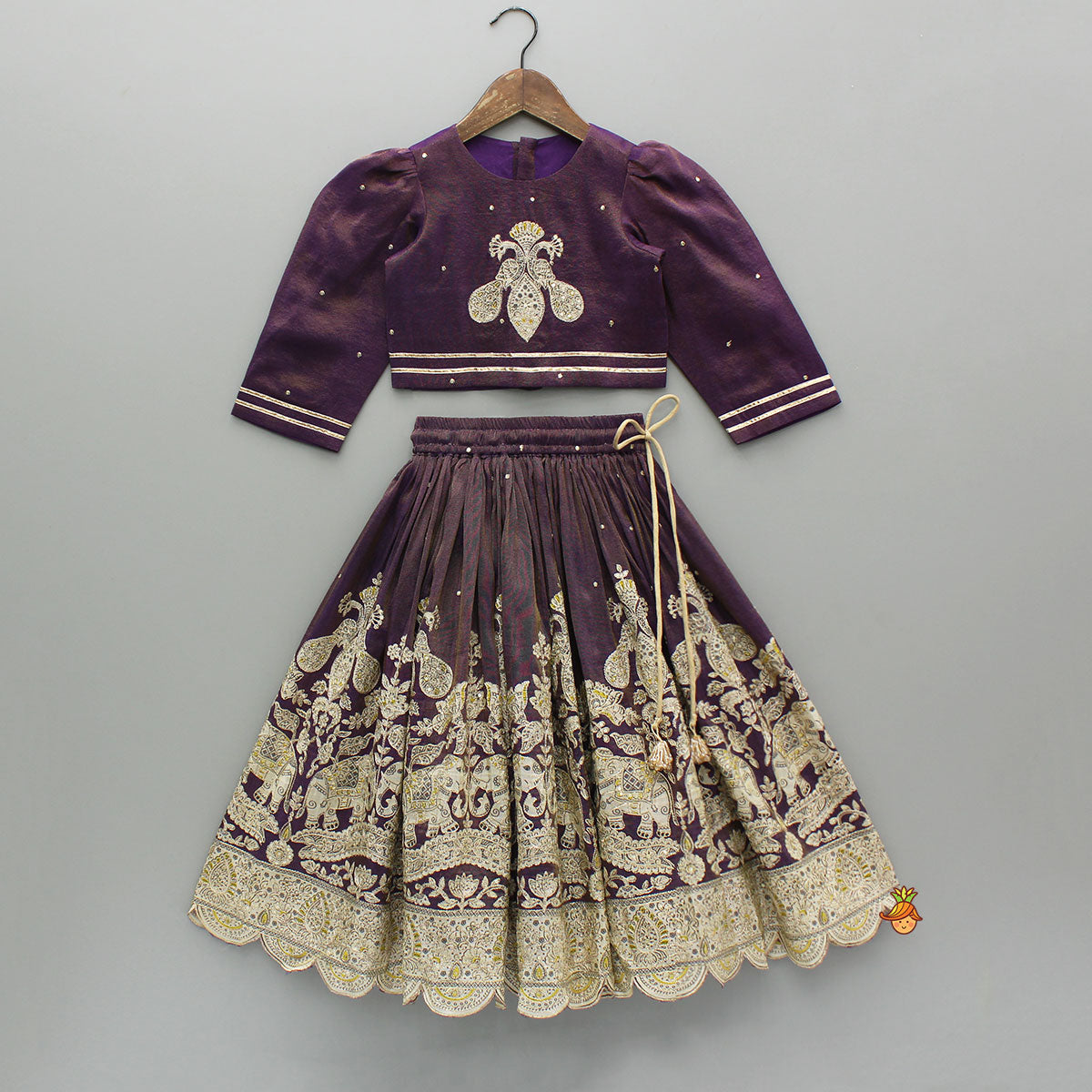 Pre Order: Purple Yoke-Embroidered Shimmery Top And Lehenga With Dupatta