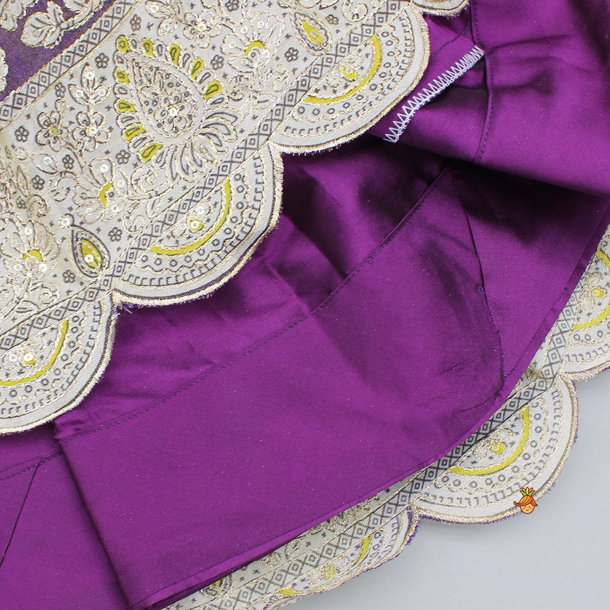 Pre Order: Purple Yoke-Embroidered Shimmery Top And Lehenga With Dupatta