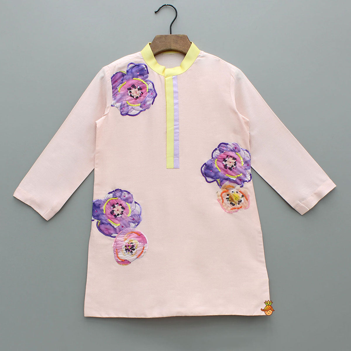 Pre Order: Kurta With Printed Embroidered Applique And Pyjama