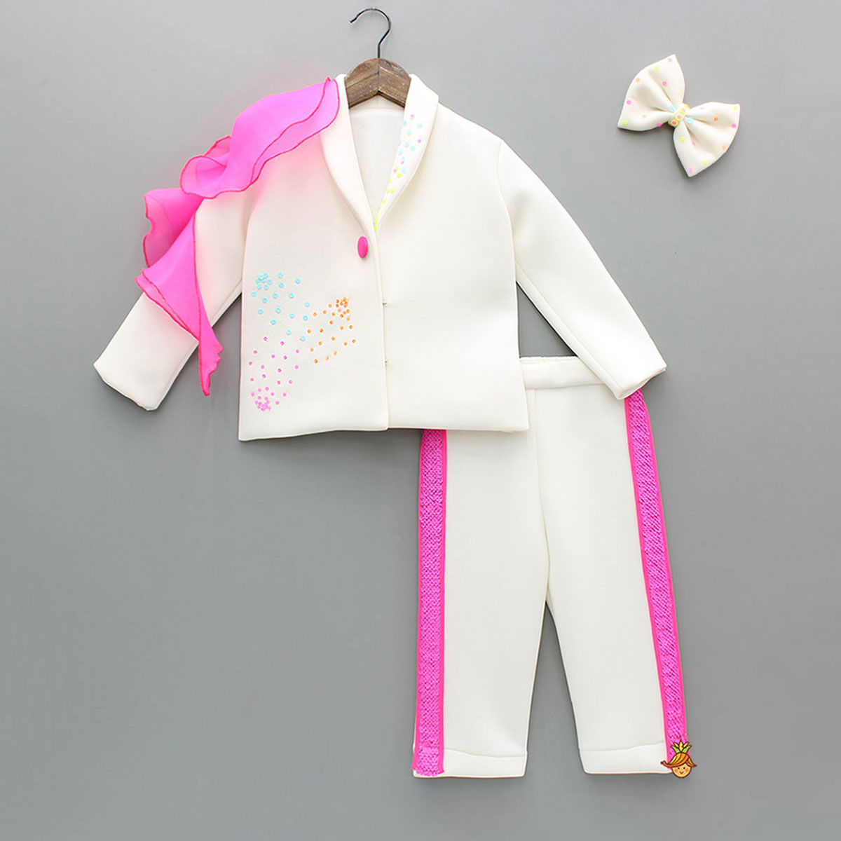 Pre Order: Embellished White Blazer Style Top With Pant And Bow Hairclip