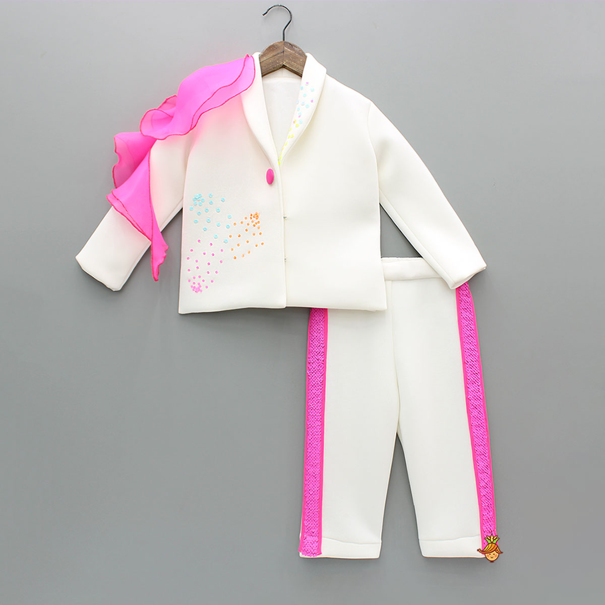 Pre Order: Embellished White Blazer Style Top With Pant And Bow Hairclip